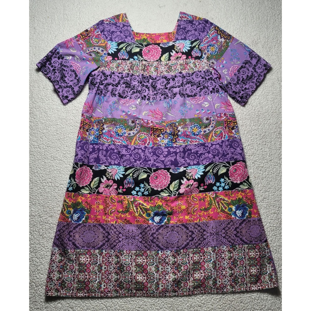 Boho La Cera Patchwork Floral Paisley Cotton Dress Purple Short Sleeve Sq Neck
